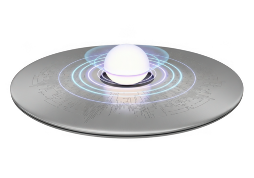 Futuristic flying saucer with glowing orb isolated on transparent background for sci-fi and technology concepts - Powered by Adobe