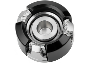 Geometric metal object with rough stone elements isolated on transparent background for design and industry