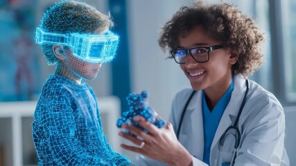 A doctor interacts with a young boy wearing futuristic virtual reality glasses, visualized as a digital hologram. The scene highlights advanced technology in modern healthcare - Powered by Adobe