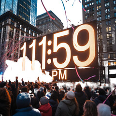 Excited crowd celebrating New Year's Eve at Times Square with giant countdown timer