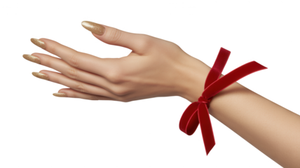 Elegant female hand with long golden nails and a red velvet ribbon tied around the wrist isolated on transparent background