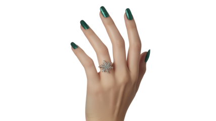 Elegant hand with sparkling snowflake ring and dark green manicured nails isolated on transparent background
