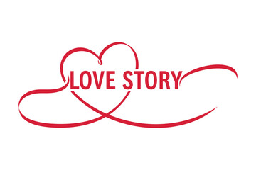 Elegant red love story text integrated with a stylized heart outline and decorative flourishes for romantic themes