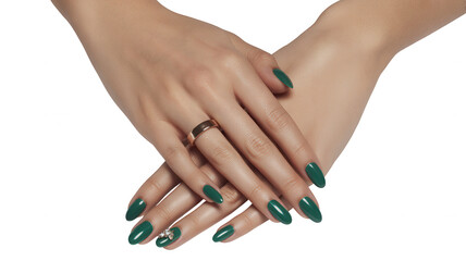 Fototapeta premium Womans hands with dark green polished nails and a ring, isolated on transparent background