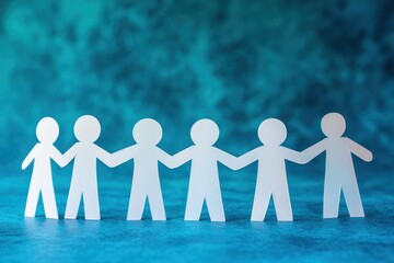 A group of six stick figures standing in a line, holding hands and facing forward. The figures are made of white paper and are set against a blue background.