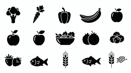 Conceptual icons of healthy food for balanced nutrition. Features fruits, vegetables, grains, and proteins, ideal for dietary education and wellness programs