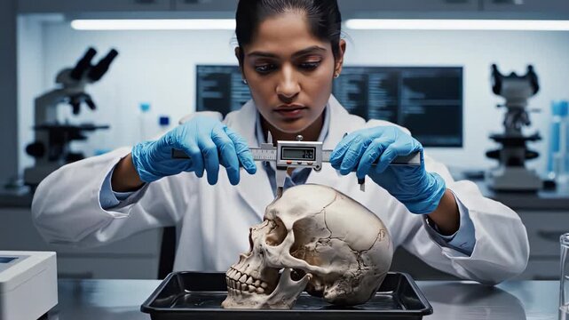 Female forensic scientist measuring a human skull with a digital caliper in a modern laboratory