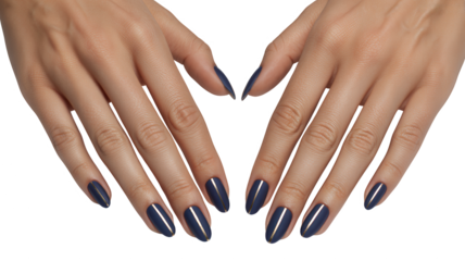 Closeup of two hands with dark blue almondshaped manicured nails forming a heart shape against a transparent background