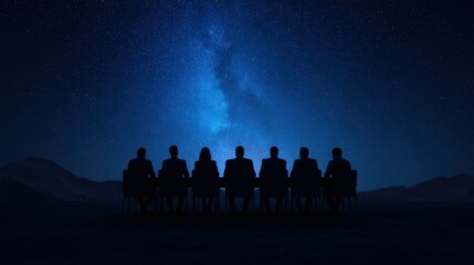 A silhouetted group of people sitting in chairs, gazing at a starry night sky filled with the Milky Way.