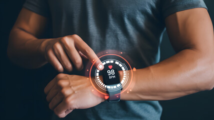 Man taps his smartwatch to track fitness, showcasing modern health technology and wellness insights