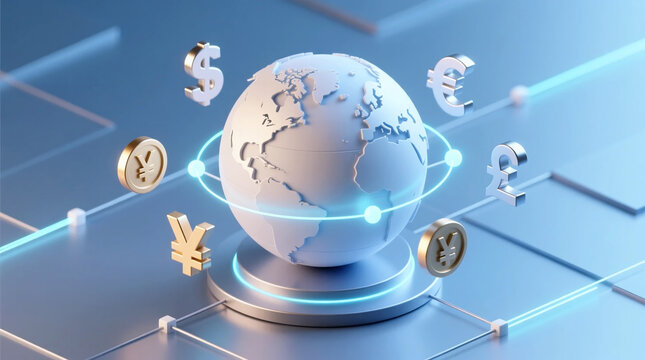 3D illustration visualizes a global financial network, featuring major currency symbols orbiting a stylized Earth, symbolizing international banking, digital money transfers, and global economic flow