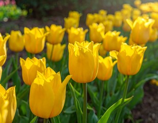Fototapeta premium A field of radiant yellow tulips basked in the golden morning light