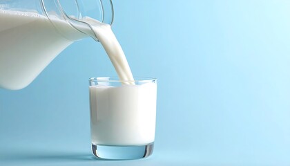 Smooth Milk Stream Pouring into a Clear Glass with Splashing Droplets, Emphasizing Freshness and Purity