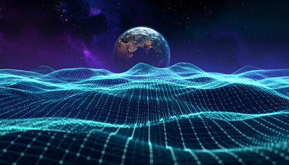 Abstract digital landscape with planet in the background.