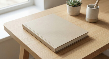 Minimalist desk setup with a closed book, succulent plant, and pen holder by the window