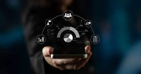 A project management dashboard displaying key performance indicators. The data visualization shows business intelligence metrics for workflow, team performance, and financial growth. Fermion