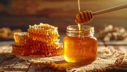 Thick Golden Honey Pouring Slowly into Glass Container, Organic Sweetness and Nature