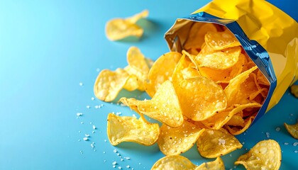 Golden Crispy Potato Chips Falling from Open Bag on Blue Background, Snack Food Concept