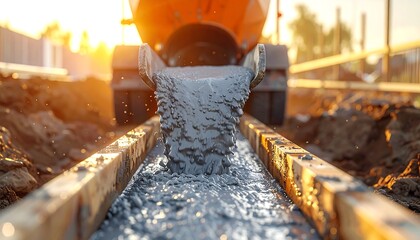 Industrial Concrete Pouring Process at Building Site Showing Raw Materials and Infrastructure Development