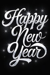 Happy new year white text with sparkling lights on black backgroun