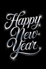 Happy new year white text with sparkling lights on black backgroun