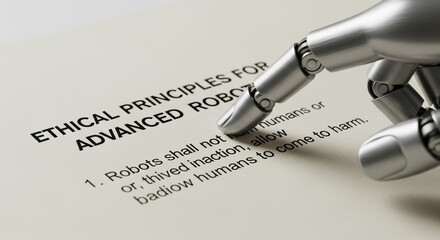 Thoughtful scene on ai ethics and regulation where robotic hand points to document detailing ethical principles for advanced robotics key law for future technology