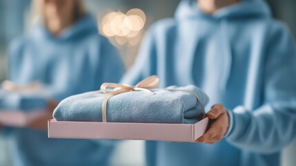 Two people in blue hoodies present a neatly wrapped gift, showcasing a cozy sweater in a soft, inviting setting with blurred lights in the background.