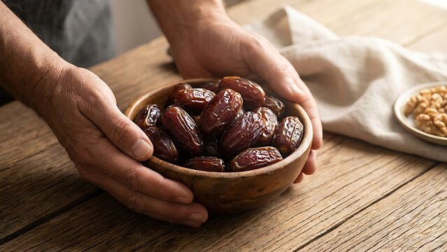 Hands holding bowl of dates on wooden table creating a warm ramadan food scene with traditional iftar vibes and simple natural lighting