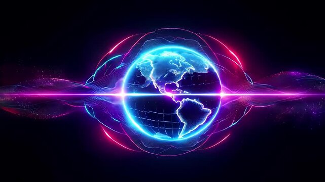A mesmerizing digital artwork featuring a globe enveloped in a vibrant neon glow. Dynamic lines of light converge towards the center, creating a futuristic and energetic visual effect. Perfect for tec