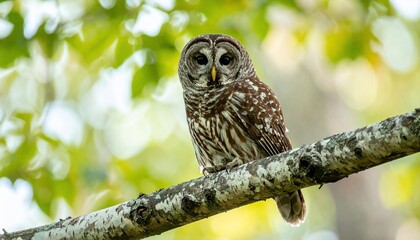 Fototapeta premium Barred owl perched on a tree branch, looking directly at the camera with green foliage