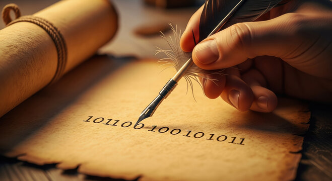 Human hand uses quill to write binary code on parchment exploring future ai ethics and importance of technology regulation for thoughtful and historical perspective - Powered by Adobe