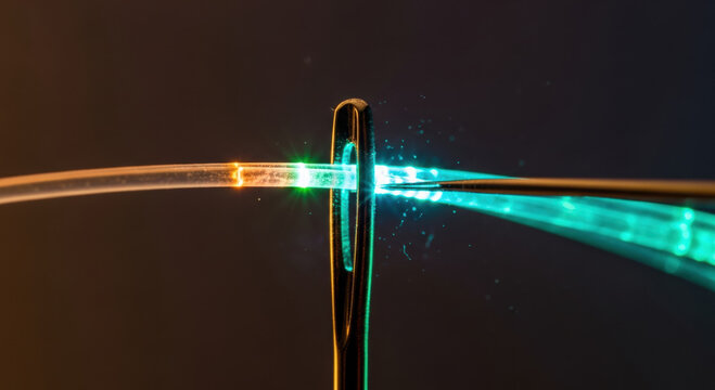 Futuristic ai data stream passing through needle eye representing complex ethics and regulation of technology. digital connection shows future innovation and precision