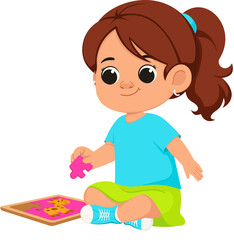 Illustration of Girl Playing with Puzzle