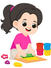 Girl Rolling Dough with Rolling Pin Illustration