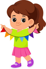 Illustration of Girl Holding Rainbow Bunting