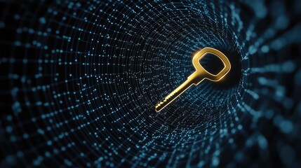 secure digital transaction represented as a golden, glowing key icon traveling through a fiber optic tunnel, symbolizing fintech and secure payments, dynamic, abstract motion. 