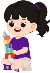 Cartoon Girl Playing with Building Blocks