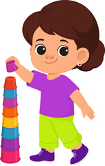 Cartoon Girl Stacking Colorful Cups