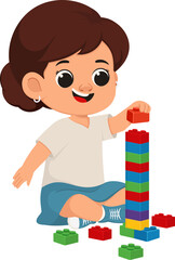 Illustration of Girl Playing with Building Blocks