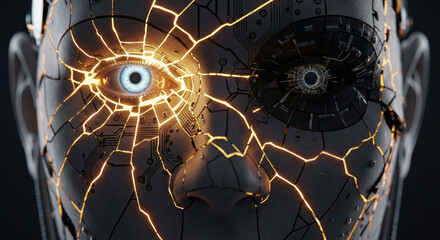 Fractured android face with glowing eye explores complex ai ethics and future of machine regulation. golden cracks suggest powerful yet fragile intelligence
