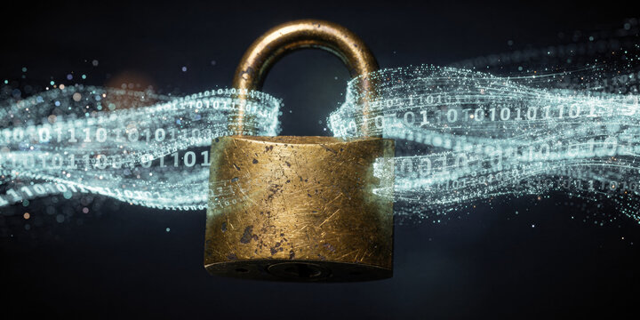 Secure padlock on digital background shows importance of ai ethics and data regulation for privacy protection from cyber attack through binary code