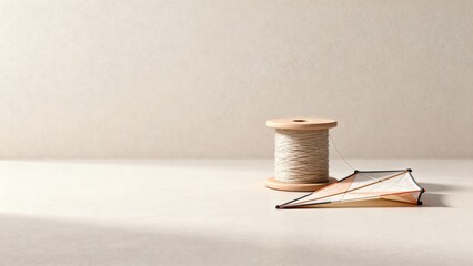 Still life of a small kite with a wooden spool of string on a neutral surface, evoking a sense of childhood joy and simple pleasures.