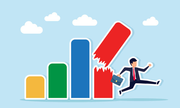 Businessman running to avoid broken chart bars illustrating inconsistent business performance and unstable financial progress of the company