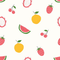 A cheerful seamless vector pattern featuring hand-drawn dragon fruit, oranges, watermelon, strawberries, and cherries. Perfect for summer textiles, kitchenware, and nursery wallpaper