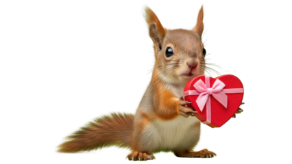 A brown squirrel holding a red heart-shaped gift box with a pink bow on a white background.
