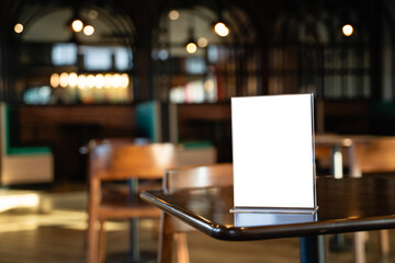 Blank menu display stand Mock up Menu frame tent card blurred background in cafe interior design key visual layout.
