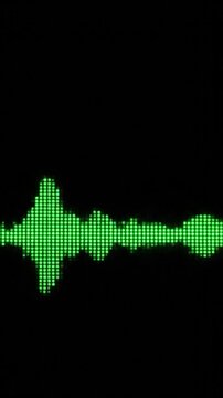 Digital audio visualizer, green dots on black background, representing sound waves