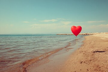 Fototapeta premium Red heart balloon standing on beach sand, sea background, copy space