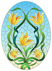 Illustration in stained glass style flower of pink lily on a blue background ,oval imageI