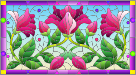 llustration in stained glass style with flowers, leaves and buds of pink lilies on a blue background